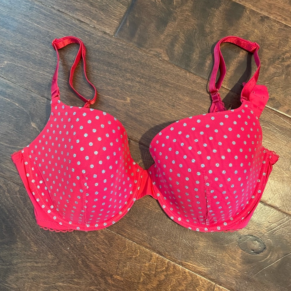 Victoria’s Secret red/silver polka dot bra